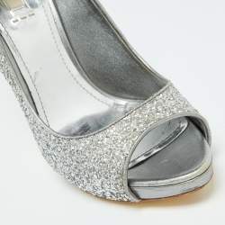Miu Miu Silver Glitter and Leather Peep Toe Platform Pumps Size 41
