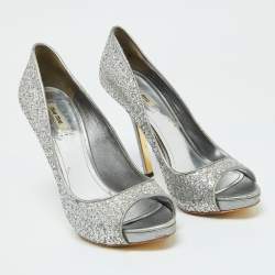 Miu Miu Silver Glitter and Leather Peep Toe Platform Pumps Size 41