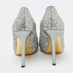 Miu Miu Silver Glitter and Leather Peep Toe Platform Pumps Size 41