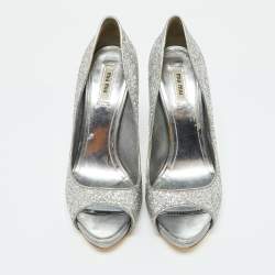 Miu Miu Silver Glitter and Leather Peep Toe Platform Pumps Size 41