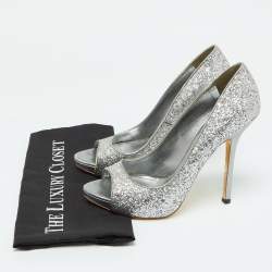 Miu Miu Silver Glitter and Leather Peep Toe Platform Pumps Size 41