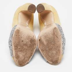 Miu Miu Yellow Glitter and Suede Block Heel Pumps Size 38.5