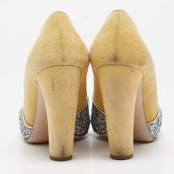 Miu Miu Yellow Glitter and Suede Block Heel Pumps Size 38.5