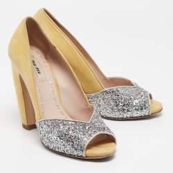 Miu Miu Yellow Glitter and Suede Block Heel Pumps Size 38.5