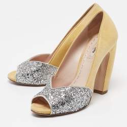 Miu Miu Yellow Glitter and Suede Block Heel Pumps Size 38.5