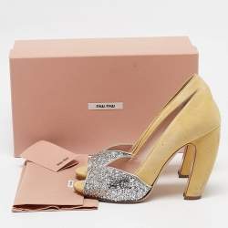 Miu Miu Yellow Glitter and Suede Block Heel Pumps Size 38.5