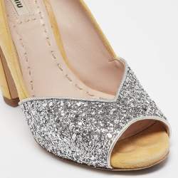 Miu Miu Yellow Glitter and Suede Block Heel Pumps Size 38.5
