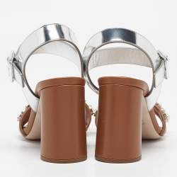 Pre Owned Miu Miu Brown/Sliver Leather Crystal Embellished Ankle Strap Sandals Size 38