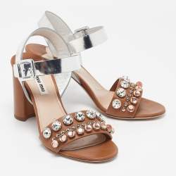 Pre Owned Miu Miu Brown/Sliver Leather Crystal Embellished Ankle Strap Sandals Size 38