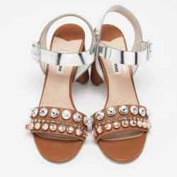 Pre Owned Miu Miu Brown/Sliver Leather Crystal Embellished Ankle Strap Sandals Size 38