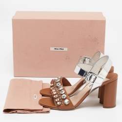 Pre Owned Miu Miu Brown/Sliver Leather Crystal Embellished Ankle Strap Sandals Size 38