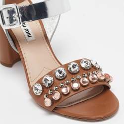 Pre Owned Miu Miu Brown/Sliver Leather Crystal Embellished Ankle Strap Sandals Size 38