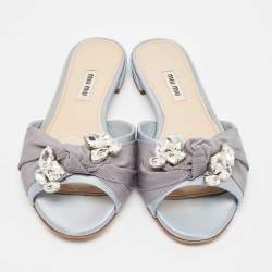 Miu Miu Light Blue Satin and Canvas Crystals Embellished Knot Slide Flats Size 38