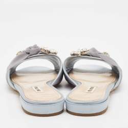 Miu Miu Light Blue Satin and Canvas Crystals Embellished Knot Slide Flats Size 38