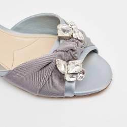 Miu Miu Light Blue Satin and Canvas Crystals Embellished Knot Slide Flats Size 38