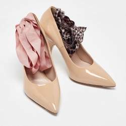 Miu Miu Beige Patent Leather Ankle Wrap Pointed Toe Pumps Size 36