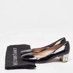 Miu Miu Black Patent Leather Crystal Embellished Block Heel Pumps Size 37