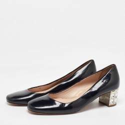 Miu Miu Black Patent Leather Crystal Embellished Block Heel Pumps Size 37