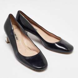 Miu Miu Black Patent Leather Crystal Embellished Block Heel Pumps Size 37