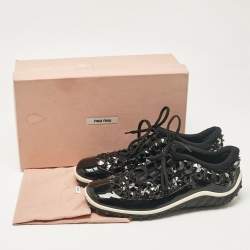 Miu Miu Black Fabric and Patent Lace Up Sneakers Size 38.5