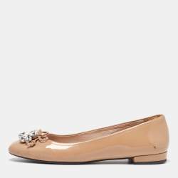 Miu Miu Beige Patent Leather Crystal Embellished Ballet Flats Size 37.5