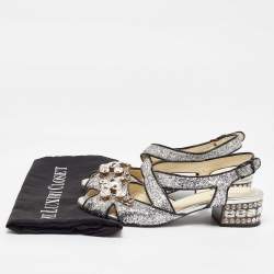 Pre Owned Miu Miu Silver Glitter and Patent Leather Embellished Ankle Strap Sandals Size 36