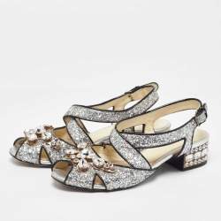 Pre Owned Miu Miu Silver Glitter and Patent Leather Embellished Ankle Strap Sandals Size 36