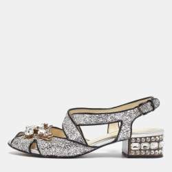 Pre Owned Miu Miu Silver Glitter and Patent Leather Embellished Ankle Strap Sandals Size 36