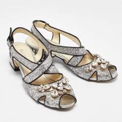 Pre Owned Miu Miu Silver Glitter and Patent Leather Embellished Ankle Strap Sandals Size 36