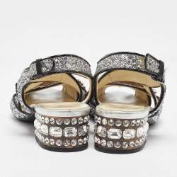 Pre Owned Miu Miu Silver Glitter and Patent Leather Embellished Ankle Strap Sandals Size 36