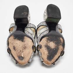 Pre Owned Miu Miu Silver Glitter and Patent Leather Embellished Ankle Strap Sandals Size 36