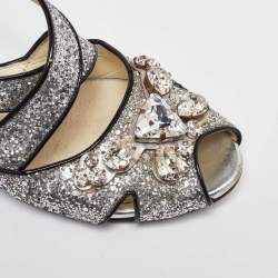 Pre Owned Miu Miu Silver Glitter and Patent Leather Embellished Ankle Strap Sandals Size 36