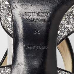 Pre Owned Miu Miu Silver Glitter and Patent Leather Embellished Ankle Strap Sandals Size 36