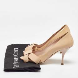 Miu Miu Beige Patent Leather Bow Peep Toe Platform Pumps Size 36