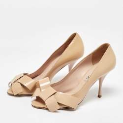 Miu Miu Beige Patent Leather Bow Peep Toe Platform Pumps Size 36