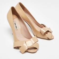 Miu Miu Beige Patent Leather Bow Peep Toe Platform Pumps Size 36