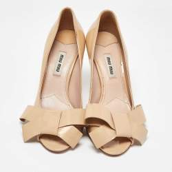 Miu Miu Beige Patent Leather Bow Peep Toe Platform Pumps Size 36