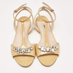 Miu Miu Beige Patent Leather Ankle Strap Sandals Size 37.5