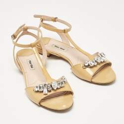 Miu Miu Beige Patent Leather Ankle Strap Sandals Size 37.5