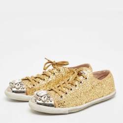 Miu Miu Gold Glitter and Leather Low Top Sneakers Size 39