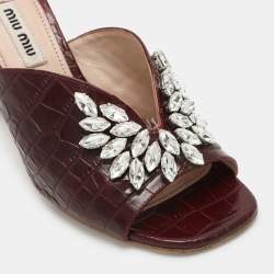 Miu Miu Burgundy Croc Embossed Leather Embellished Slide Sandals Size 36