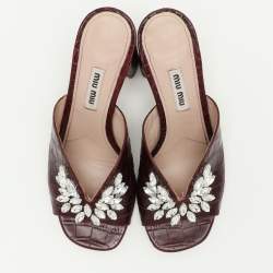 Miu Miu Burgundy Croc Embossed Leather Embellished Slide Sandals Size 36