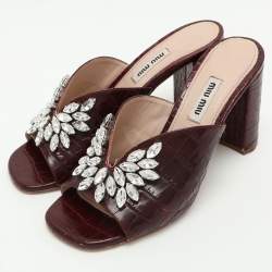 Miu Miu Burgundy Croc Embossed Leather Embellished Slide Sandals Size 36