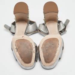 Miu Miu Silver Leather Crystal Embellished Block Heel Sandals Size 37.5