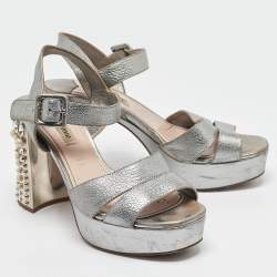 Miu Miu Silver Leather Crystal Embellished Block Heel Sandals Size 37.5