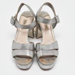 Miu Miu Silver Leather Crystal Embellished Block Heel Sandals Size 37.5
