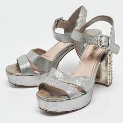 Miu Miu Silver Leather Crystal Embellished Block Heel Sandals Size 37.5