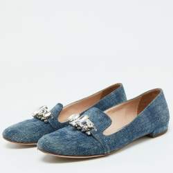 Miu Miu Blue Denim Crystal Embellished Smoking Slippers Size 38