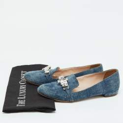 Miu Miu Blue Denim Crystal Embellished Smoking Slippers Size 38