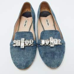 Miu Miu Blue Denim Crystal Embellished Smoking Slippers Size 38